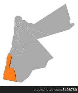 Map of Jordan, Aqaba highlighted. Political map of Jordan with the several governorates where Aqaba is highlighted.