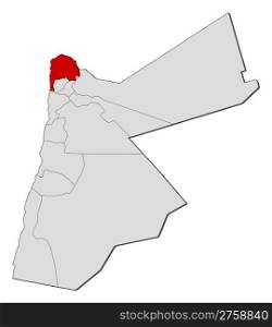 Map of Jordan, Irbid highlighted. Political map of Jordan with the several governorates where Irbid is highlighted.