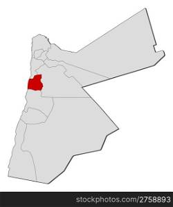 Map of Jordan, Madaba highlighted. Political map of Jordan with the several governorates where Madaba is highlighted.