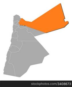 Map of Jordan, Mafraq highlighted. Political map of Jordan with the several governorates where Mafraq is highlighted.