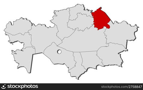 Map of Kazakhstan, Pavlodar highlighted. Political map of Kazakhstan with the several regions where Pavlodar is highlighted.