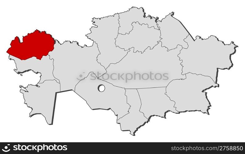 Map of Kazakhstan, West Kazakhstan highlighted. Political map of Kazakhstan with the several regions where West Kazakhstan is highlighted.