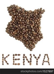 Map of Kenya made of roasted coffee beans isolated on white background. World of coffee conceptual image.. Map of Kenya made of roasted coffee beans isolated on white background.