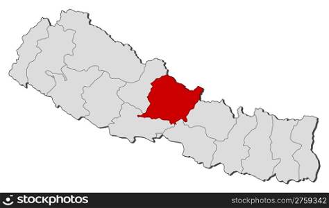 Map of Nepal, Gandaki highlighted. Political map of Nepal with the several zones where Gandaki is highlighted.
