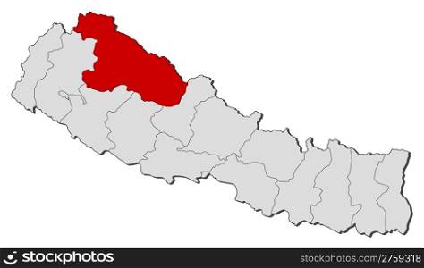 Map of Nepal, Karnali highlighted. Political map of Nepal with the several zones where Karnali is highlighted.
