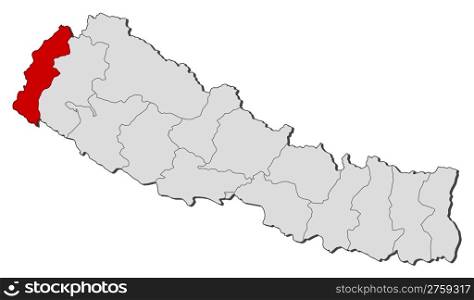Map of Nepal, Mahakali highlighted. Political map of Nepal with the several zones where Mahakali is highlighted.