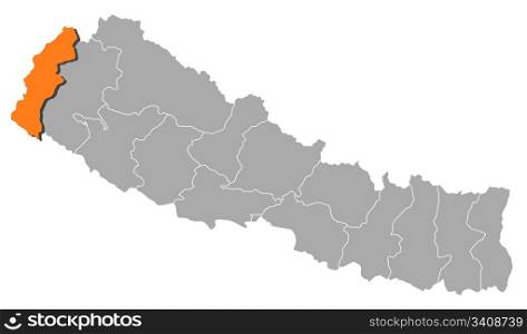 Map of Nepal, Mahakali highlighted. Political map of Nepal with the several zones where Mahakali is highlighted.