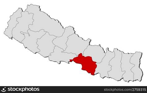 Map of Nepal, Narayani highlighted. Political map of Nepal with the several zones where Narayani is highlighted.