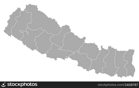 Map of Nepal. Political map of Nepal with the several zones.