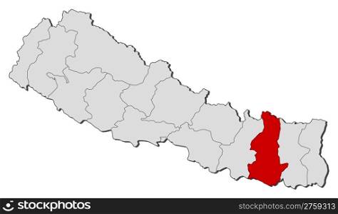 Map of Nepal, Sagarmatha highlighted. Political map of Nepal with the several zones where Sagarmatha is highlighted.