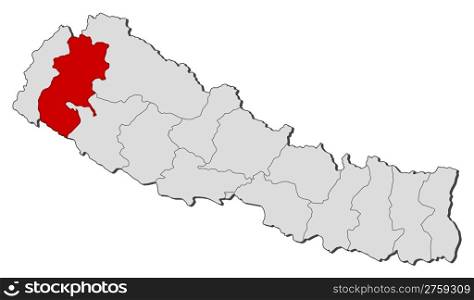 Map of Nepal, Seti highlighted. Political map of Nepal with the several zones where Seti is highlighted.
