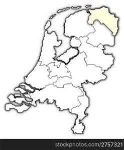 Map of Netherlands, Groningen highlighted. Political map of Netherlands with the several states where Groningen is highlighted.