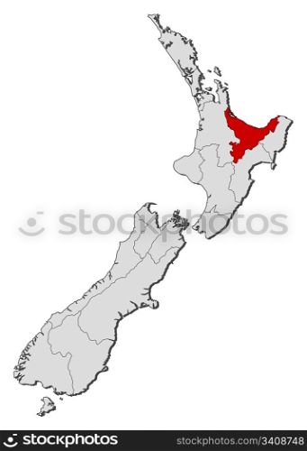 Map of New Zealand, Bay of Plenty highlighted. Political map of New Zealand with the several regions where Bay of Plenty is highlighted.