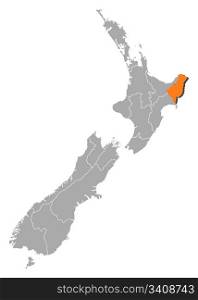 Map of New Zealand, Gisborne highlighted. Political map of New Zealand with the several regions where Gisborne is highlighted.