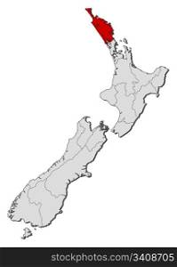 Map of New Zealand, Northland highlighted. Political map of New Zealand with the several regions where Northland is highlighted.