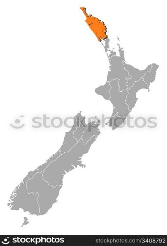 Map of New Zealand, Northland highlighted. Political map of New Zealand with the several regions where Northland is highlighted.