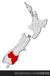 Map of New Zealand, Otago highlighted. Political map of New Zealand with the several regions where Otago is highlighted.