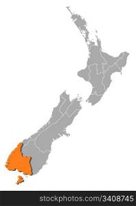 Map of New Zealand, Southland highlighted. Political map of New Zealand with the several regions where Southland is highlighted.