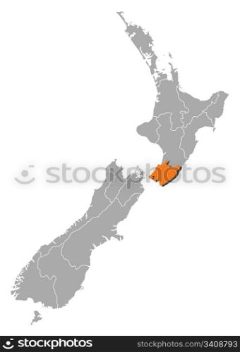 Map of New Zealand, Wellington highlighted. Political map of New Zealand with the several regions where Wellington is highlighted.