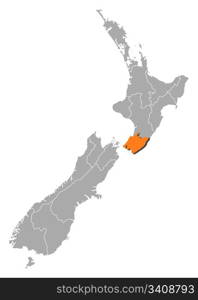 Map of New Zealand, Wellington highlighted. Political map of New Zealand with the several regions where Wellington is highlighted.