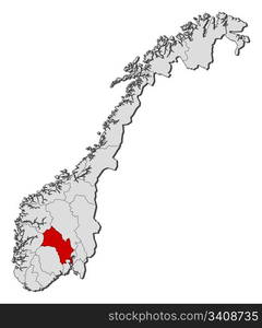 Map of Norway, Buskerud highlighted. Political map of Norway with the several counties where Buskerud is highlighted.