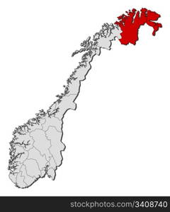 Map of Norway, Finnmark highlighted. Political map of Norway with the several counties where Finnmark is highlighted.