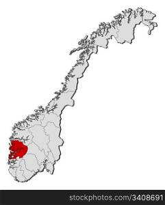 Map of Norway, Hordaland highlighted. Political map of Norway with the several counties where Hordaland is highlighted.