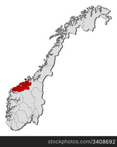 Map of Norway, More og Romsdal highlighted. Political map of Norway with the several counties where More og Romsdal is highlighted.