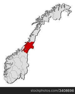 Map of Norway, Nord-Trondelag highlighted. Political map of Norway with the several counties where Nord-Trondelag is highlighted.