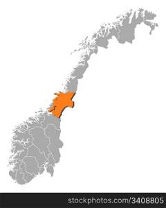 Map of Norway, Nord-Trondelag highlighted. Political map of Norway with the several counties where Nord-Trondelag is highlighted.