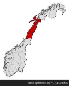 Map of Norway, Nordland highlighted. Political map of Norway with the several counties where Nordland is highlighted.
