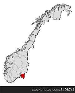 Map of Norway, Ostfold highlighted. Political map of Norway with the several counties where Ostfold is highlighted.