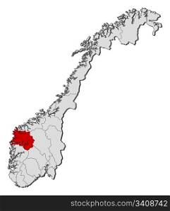 Map of Norway, Sogn og Fjordane highlighted. Political map of Norway with the several counties where Sogn og Fjordane is highlighted.