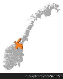 Map of Norway, Sor-Trondelag highlighted. Political map of Norway with the several counties where Sor-Trondelag is highlighted.