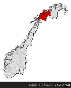 Map of Norway, Troms highlighted. Political map of Norway with the several counties where Troms is highlighted.