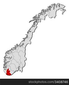 Map of Norway, Vest-Agder highlighted. Political map of Norway with the several counties where Vest-Agder is highlighted.