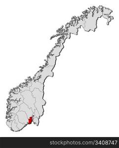 Map of Norway, Vestfold highlighted. Political map of Norway with the several counties where Vestfold is highlighted.