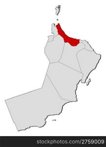 Map of Oman, Al Batinah highlighted. Political map of Oman with the several regions and governorats where Al Batinah is highlighted.