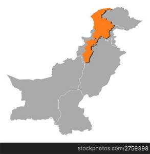 Map of Pakistan, Khyber Pakhtunkhwa highlighted. Political map of Pakistan with the several provinces where Khyber Pakhtunkhwa is highlighted.