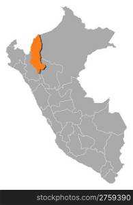 Map of Peru, Amazonas highlighted. Political map of Peru with the several regions where Amazonas is highlighted.