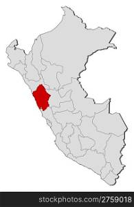 Map of Peru, Ancash highlighted. Political map of Peru with the several regions where Ancash is highlighted.