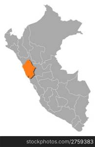 Map of Peru, Ancash highlighted. Political map of Peru with the several regions where Ancash is highlighted.