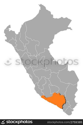 Map of Peru, Arequipa highlighted. Political map of Peru with the several regions where Arequipa is highlighted.