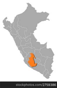 Map of Peru, Ayacucho highlighted. Political map of Peru with the several regions where Ayacucho is highlighted.