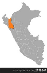Map of Peru, Cajamarca highlighted. Political map of Peru with the several regions where Cajamarca is highlighted.