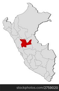 Map of Peru, Huanuco highlighted. Political map of Peru with the several regions where Huanuco is highlighted.