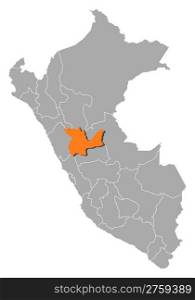 Map of Peru, Huanuco highlighted. Political map of Peru with the several regions where Huanuco is highlighted.