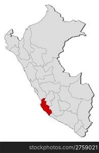 Map of Peru, Ica highlighted. Political map of Peru with the several regions where Ica is highlighted.