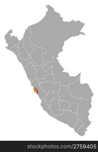 Map of Peru, Lima Region highlighted. Political map of Peru with the several regions where Lima Region is highlighted.