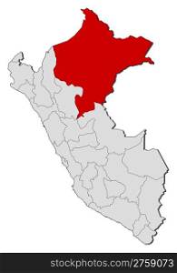 Map of Peru, Loreto highlighted. Political map of Peru with the several regions where Loreto is highlighted.